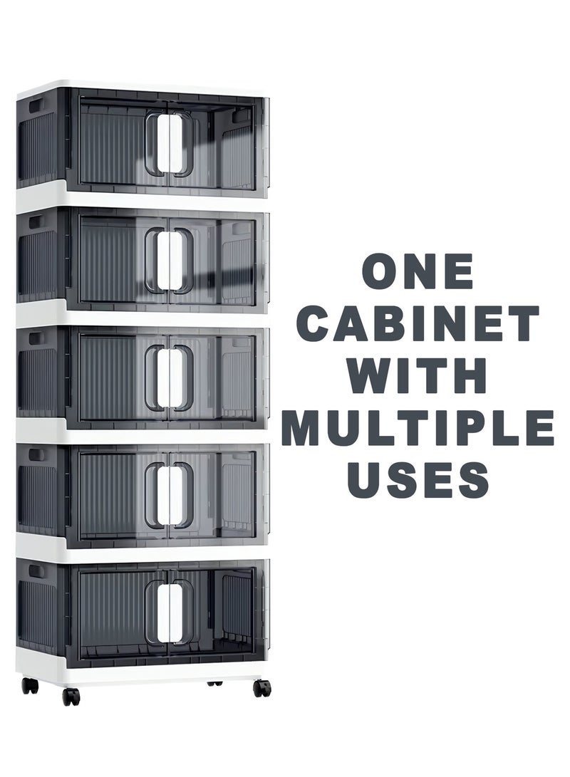 DBLEW 5-Layer Collapsible Storage Cabinet Rack with Wheels – Heavy-Duty PP, Glossy Modern Finish, Foldable & Portable, Secure Double Door Lock – Multi-Layer Organizer for Home, Office & Outdoor Use (70x34x168 cm) - Image 3